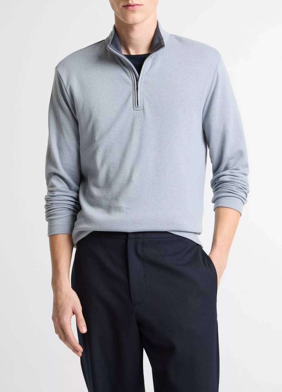 NEW VINCE men's cotton blend double quarter zip pullover in steel blue
